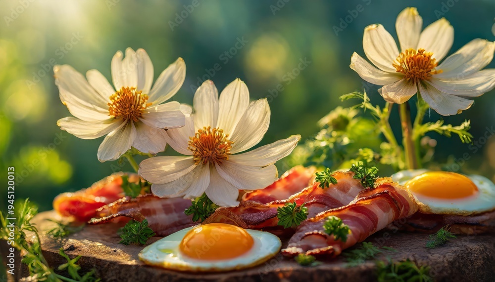 Sizzling bacon, sunny-side-up eggs on wooden board and blurred background, surrounded by blooming flowers and fresh greens in serene natural morning ambiance. Sizzling bacon, sunny-side-up eggs on wooden board and blurred background, surrounded by blooming flowers and fresh greens in serene natural morning ambiance.