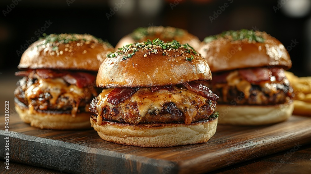 Three Juicy Bacon Cheeseburgers on a Wooden Cutting Board Three Juicy Bacon Cheeseburgers on a Wooden Cutting Board