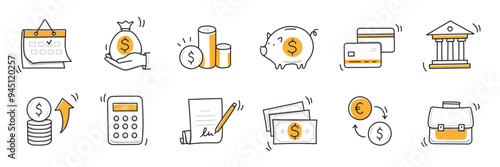 Money finance doodle hand drawn icon set. Finance business, money, bank sketch drawn cute trendy doodle icon. Business bank sketchy calculator, increase economic goal elements. Vector illustration