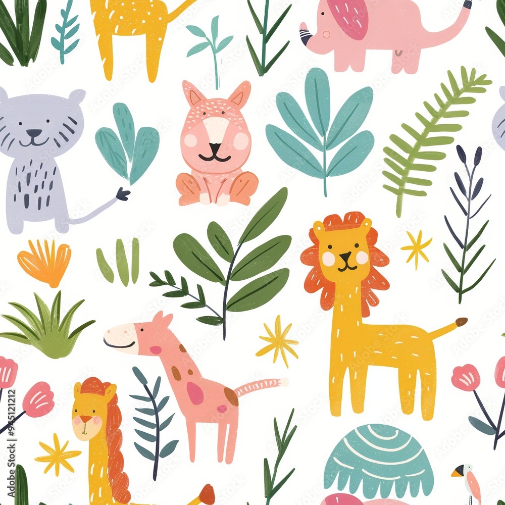 Seamless pattern with cute animals and tropical plants. Jungle-themed design for textile, wallpaper, fabric, wrapping paper, background. Seamless pattern with cute animals and tropical plants. Jungle-themed design for textile, wallpaper, fabric, wrapping paper, background.