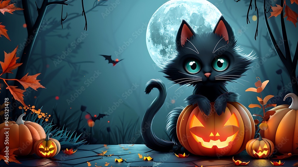 A paper-crafted black cat with glowing green eyes, sitting gracefully on a pumpkin under a bright full moon, with layered paper trees casting soft shadows in the background, A paper-crafted black cat with glowing green eyes, sitting gracefully on a pumpkin under a bright full moon, with layered paper trees casting soft shadows in the background,