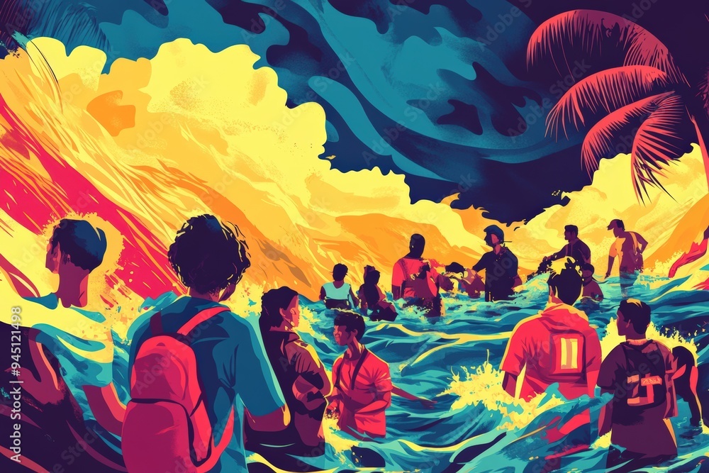 Fototapeta premium Emergency evacuation victims of natural disasters, flood, earthquake and volcano eruption, vector illustration. People rescue from storm, hurricane, typhoon. 
