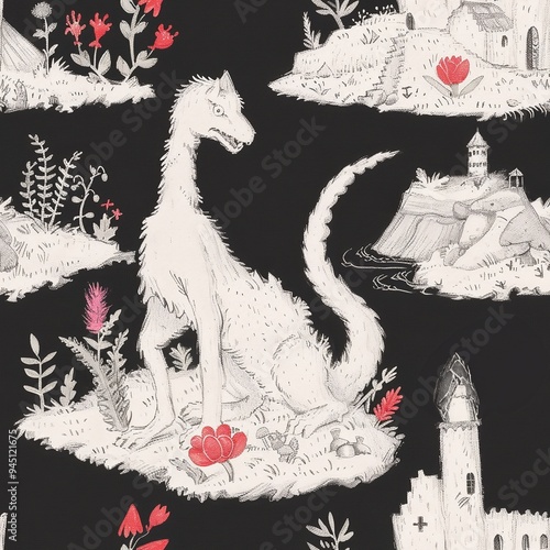 Seamless pattern with fantasy creatures, castles, and floral elements. Medieval-inspired design for textile, wallpaper, fabric, wrapping paper, background. photo