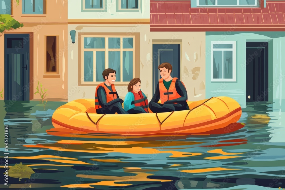 Flood Rescuers Graphics Flood survivors sitting in inflatable boat rescued by pair of rescuers ...