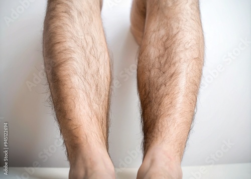 A person's legs with smooth, hairless skin, freshly waxed, with a few stray hairs remaining, against a clean white background, emphasizing skin texture and tone. photo