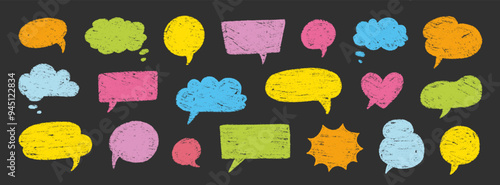 Crayon talk speech balloon frame doodle vector. Hand drawn crayon doodle speech cloud bubble set. Chalk texture sketch text talk cloud balloon frame background. Vector illustration.