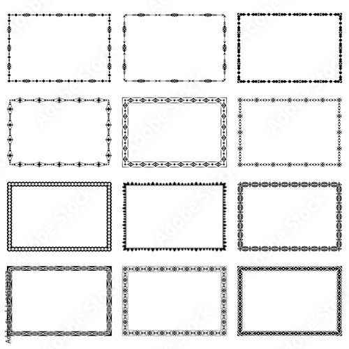 Set of rectangular black frames isolated on white background. Group of beautiful elegant borders, edgings for design of business cards, banners, text messages, printing on paper. Vector illustration