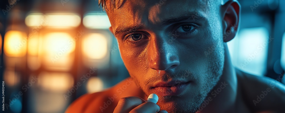 Sportive man with protein supplement capsule, energetic gym atmosphere, focused on fitness, realistic and sharp depiction Sportive man with protein supplement capsule, energetic gym atmosphere, focused on fitness, realistic and sharp depiction