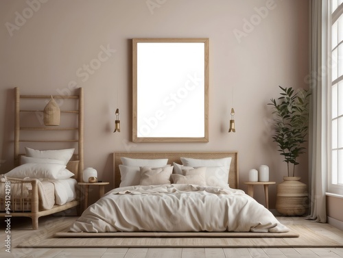 Minimalist Bedroom Interior with Empty Frame and Wicker Accents