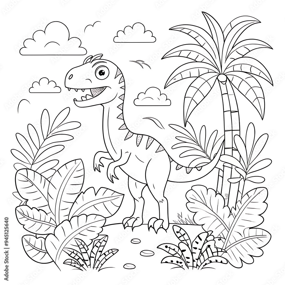 Fototapeta premium Lively Jungle Scene with Cartoon Dinosaur and Tropical Plants for Coloring