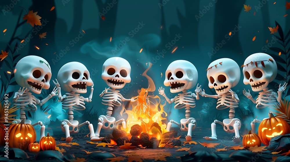 A playful paper-crafted scene featuring a group of skeletons dancing joyfully around a bonfire, with detailed paper bones and flickering flames, layered textures adding depth, A playful paper-crafted scene featuring a group of skeletons dancing joyfully around a bonfire, with detailed paper bones and flickering flames, layered textures adding depth,