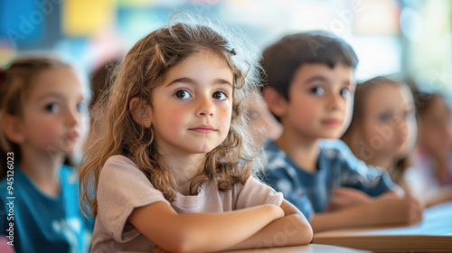 Elementary schoolgirl sitting at desk listening to teacher in classroom