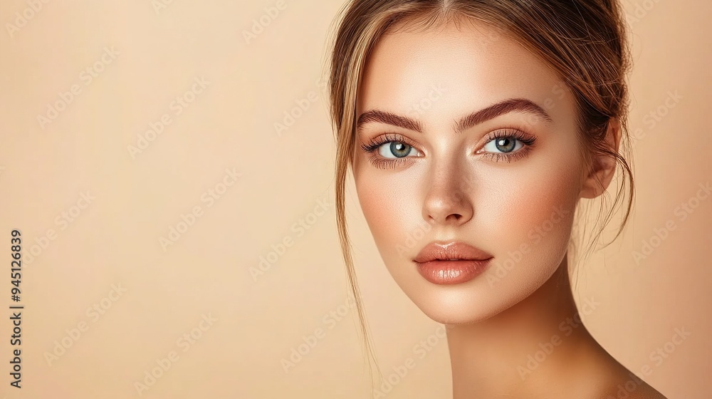 Naklejka premium Beautiful young woman with clean fresh skin on beige background, Face care, Facial treatment, Cosmetology, beauty and spa, women portrait. copy space for text.