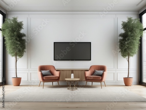 Modern Living Room with Two Armchairs, a Coffee Table, a TV, and Plants