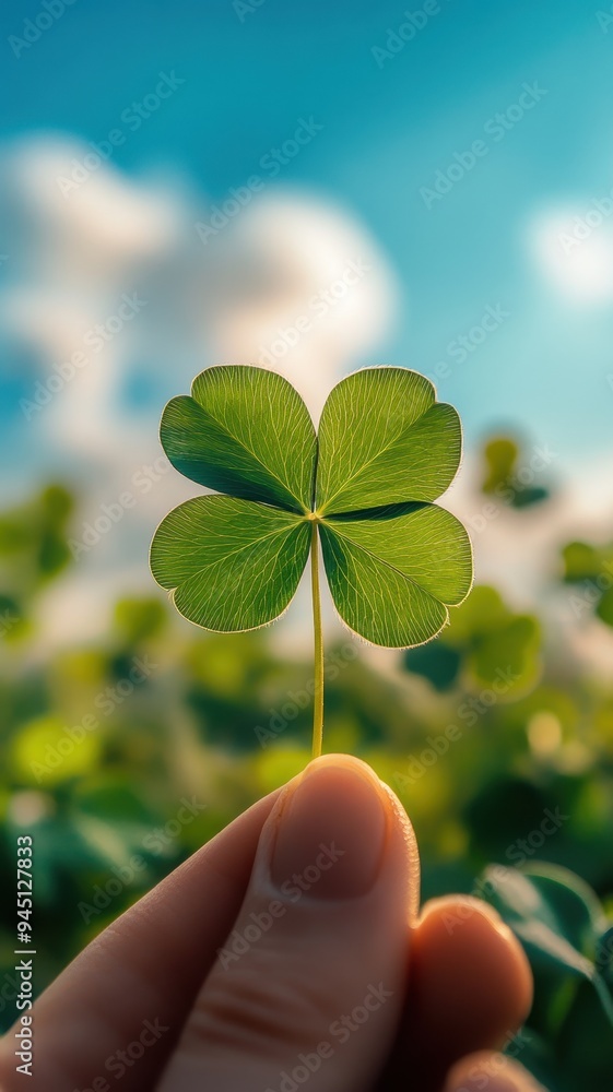 Woman holding green four leaf clover in hand and cloud blue sky background,Patricks day watercolor clipart,Spring flower pattern,Many shamrock plants,the Irish happy background.