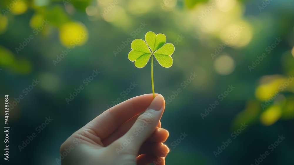 Woman holding green four leaf clover in hand in park background,Patricks day watercolor clipart,Spring flower pattern,Many shamrock plants,the Irish happy background. Woman holding green four leaf clover in hand in park background,Patricks day watercolor clipart,Spring flower pattern,Many shamrock plants,the Irish happy background.