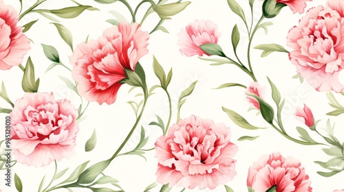 Watercolor carnation flowers with delicate pink and red hues, interspersed with green leaves, creating an elegant and seamless vintage luxury pattern