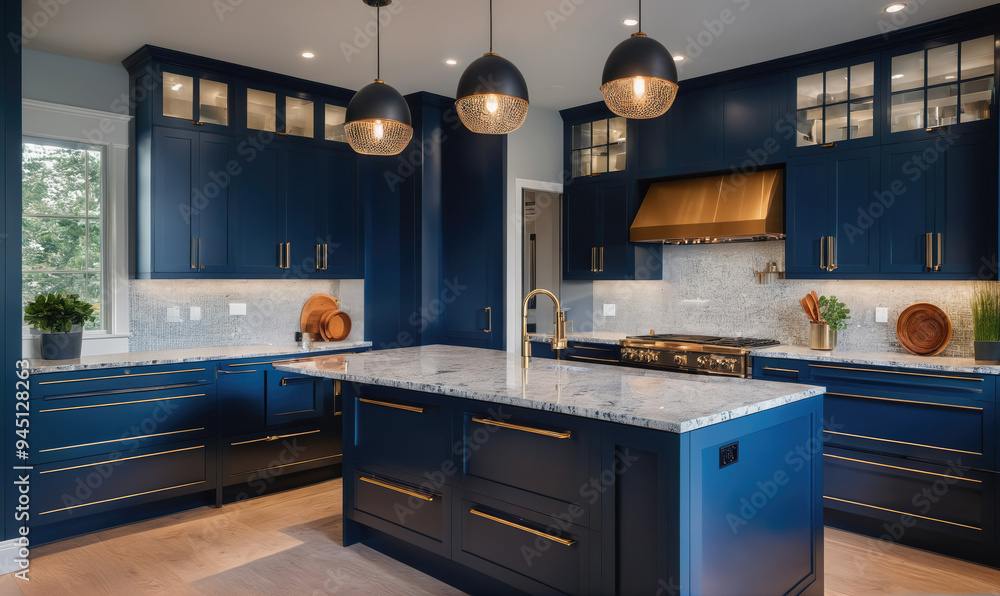 A modern kitchen with blue cabinets and a large island, perfect for entertaining guests A modern kitchen with blue cabinets and a large island, perfect for entertaining guests