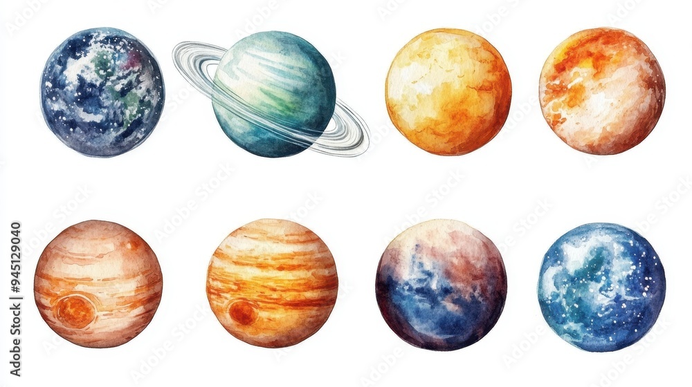 Fototapeta premium A set of round space planets of the solar system and Earth,sun the Moon,solar system objects for educational projects,hand painted planets and moons, satellites,watercolor painting in galaxy.