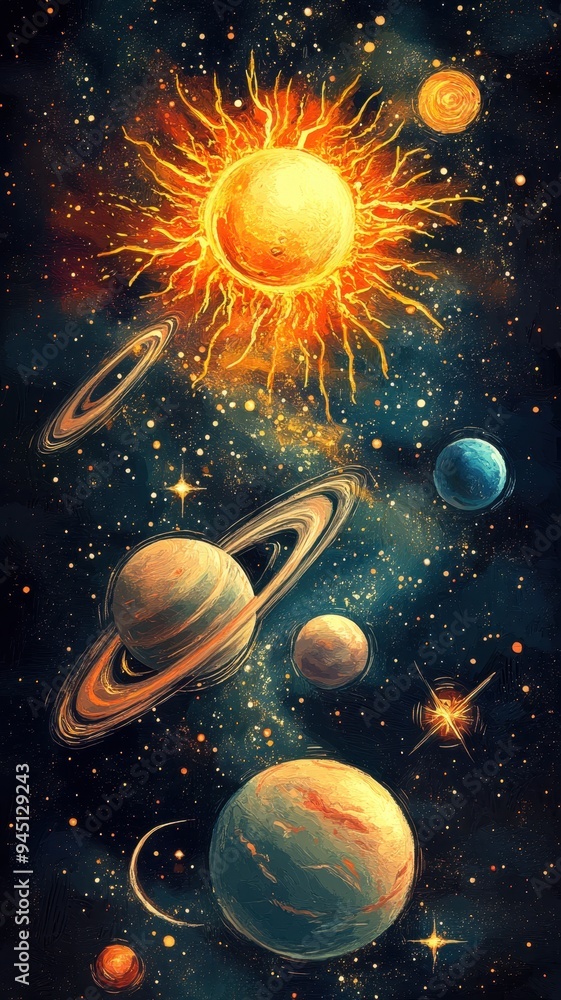 Fototapeta premium A set of round space planets of the solar system and Earth,sun the Moon,solar system objects for educational projects,hand painted planets and moons, satellites,watercolor painting in galaxy.
