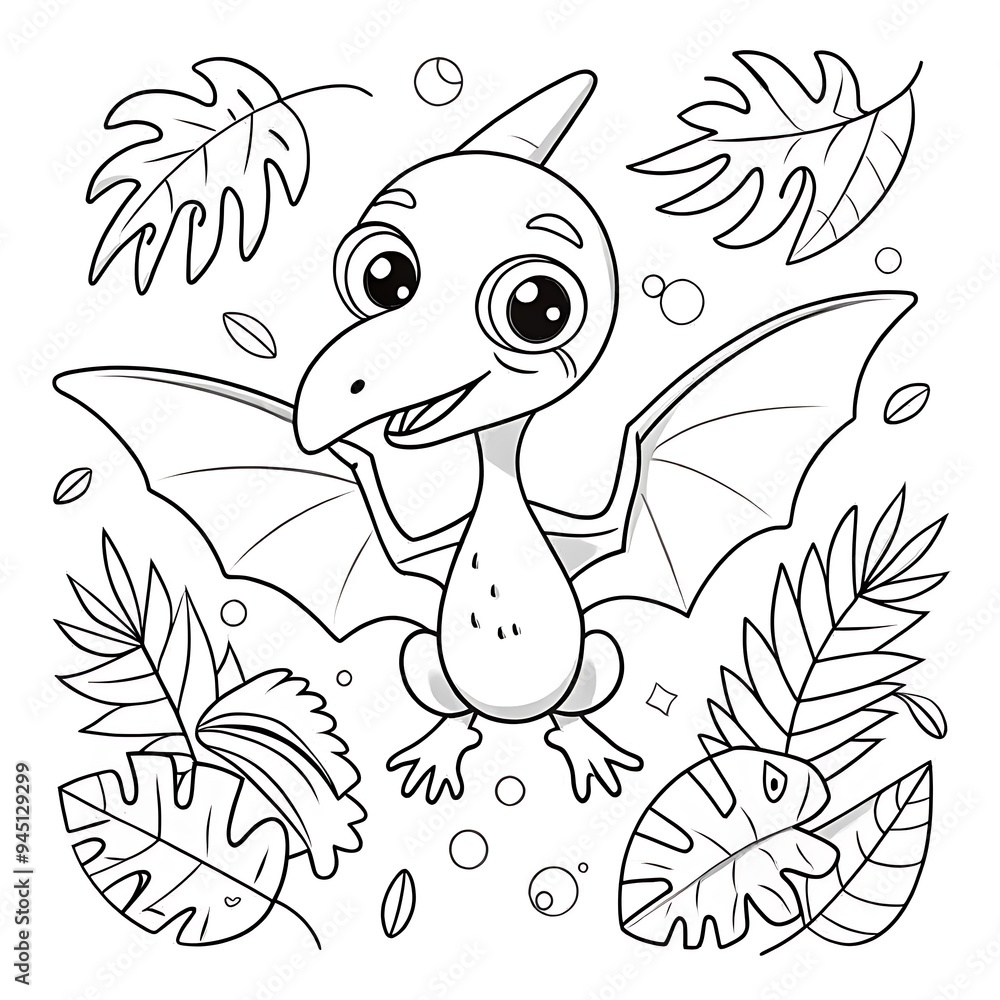 Fototapeta premium Playful Cartoon Pterodactyl with Tropical Leaves and Dinosaur Eggs for Coloring