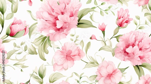 Classic watercolor design with soft pink and coral carnations, accented by elegant green leaves, creating a seamless and luxurious background