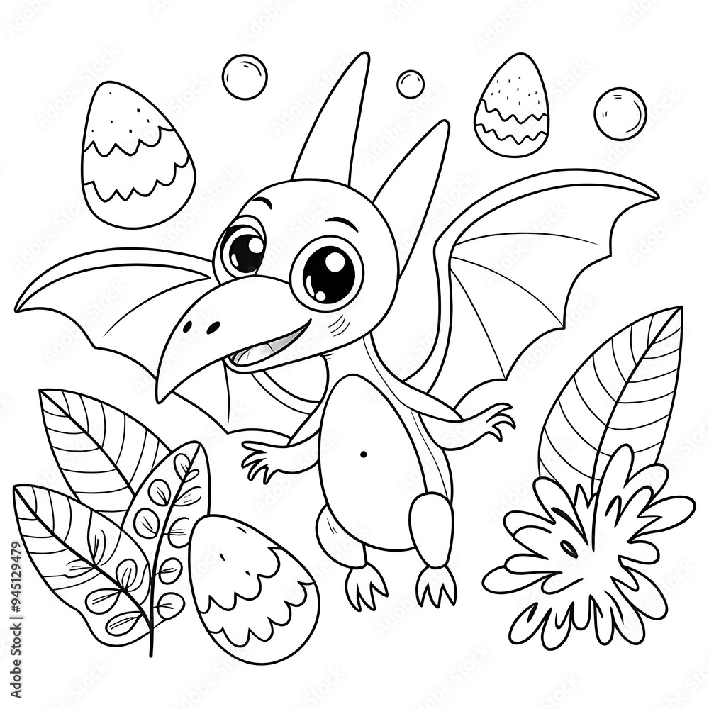 Playful Cartoon Pterodactyl with Tropical Leaves and Dinosaur Eggs for Coloring
Playful Cartoon Pterodactyl with Tropical Leaves and Dinosaur Eggs for Coloring