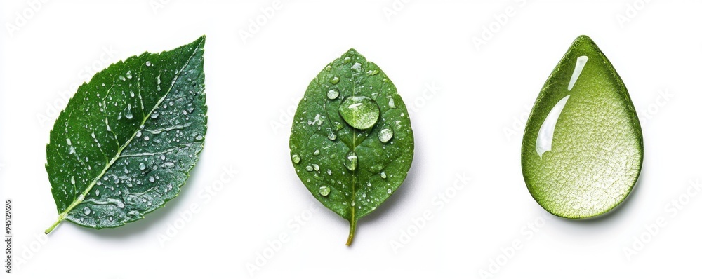 Three Green Leaves With Water Droplets on White Background. Three Green Leaves With Water Droplets on White Background.