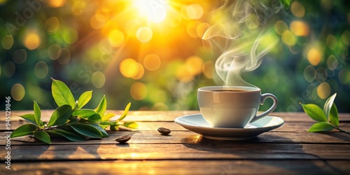 Warmth seeps from a steaming cup of coffee, entwining with tea leaves on a weathered wooden table, bathed in soft sunlight amidst gentle bokeh and harmonious hues.