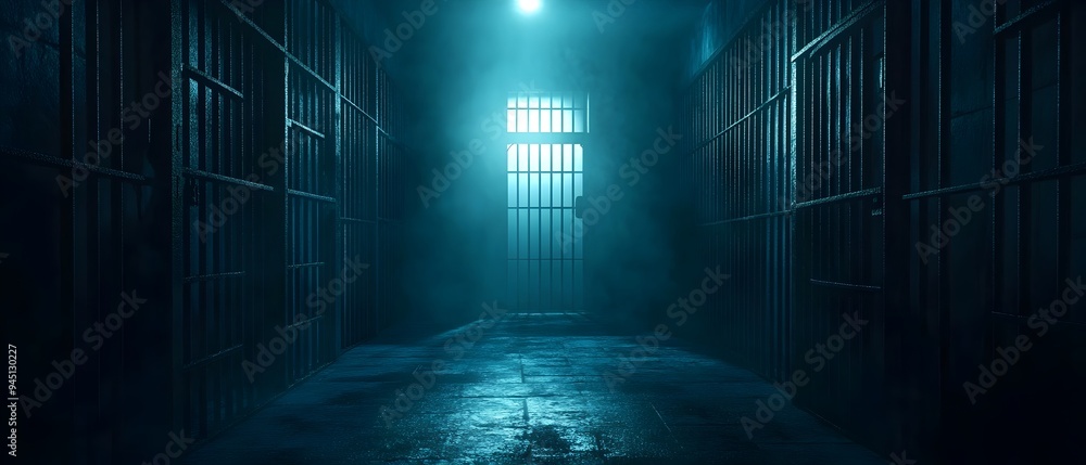 Haunted Jailhouse on a Spooky Halloween Night in the Wild West with Eerie Fog Chilling Lighting and an Ominous Atmosphere Surrounding the Jailhouse Cells and Corridors Haunted Jailhouse on a Spooky Halloween Night in the Wild West with Eerie Fog Chilling Lighting and an Ominous Atmosphere Surrounding the Jailhouse Cells and Corridors