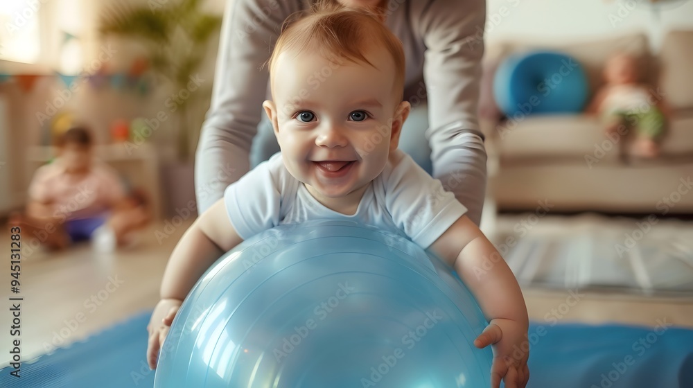 Parent Assisting Baby Using Stability Ball for Developmental Exercise Parent Assisting Baby Using Stability Ball for Developmental Exercise