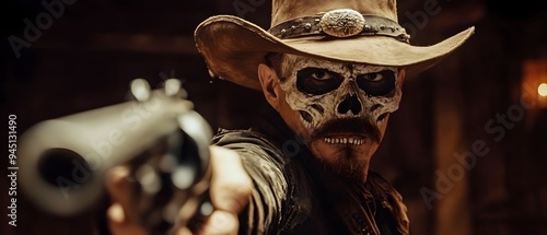 Skeleton Cowboys Engage in a Bone Chilling Shootout on a Halloween Night in the Haunting Wild West  An Intense Supernatural and Suspenseful Scene with Gothic Undertones photo