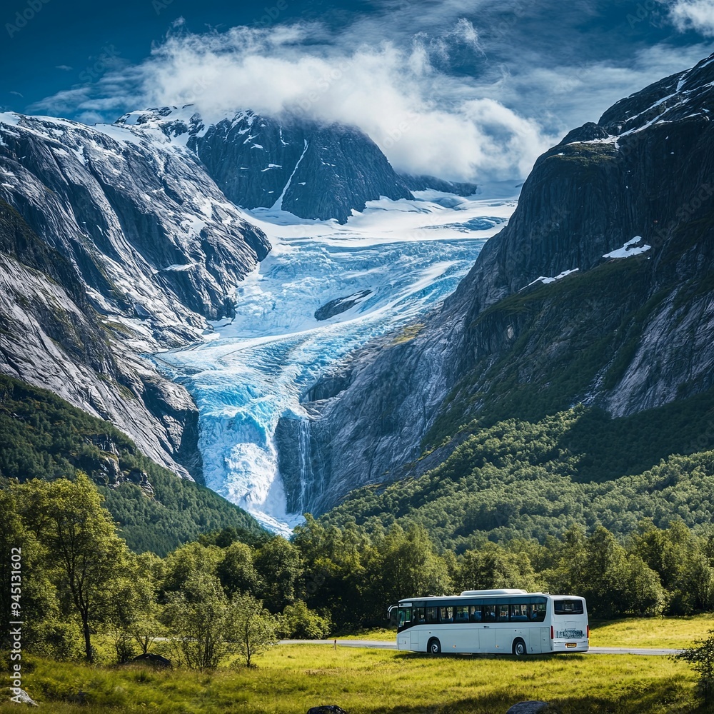 Trip to Norway. Blue ice tongue of Jostedal glacier melts from the giant rocky mountains into the green valley with a lot of waterfalls. Big white tourist bus rides on the road Trip to Norway. Blue ice tongue of Jostedal glacier melts from the giant rocky mountains into the green valley with a lot of waterfalls. Big white tourist bus rides on the road
