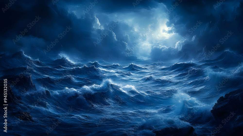 Fototapeta premium Dramatic Nighttime Ocean Waves with Moonlit Sky