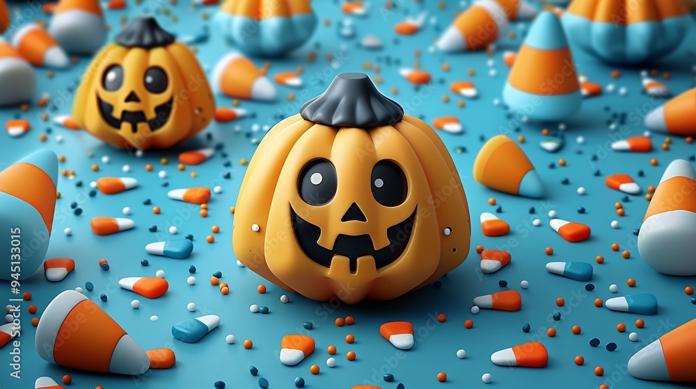A whimsical pattern of paper-crafted candy corn pieces, each with a cute smiling face, scattered across a colorful background, with intricate, layered textures adding depth and a playful vibe, A whimsical pattern of paper-crafted candy corn pieces, each with a cute smiling face, scattered across a colorful background, with intricate, layered textures adding depth and a playful vibe,