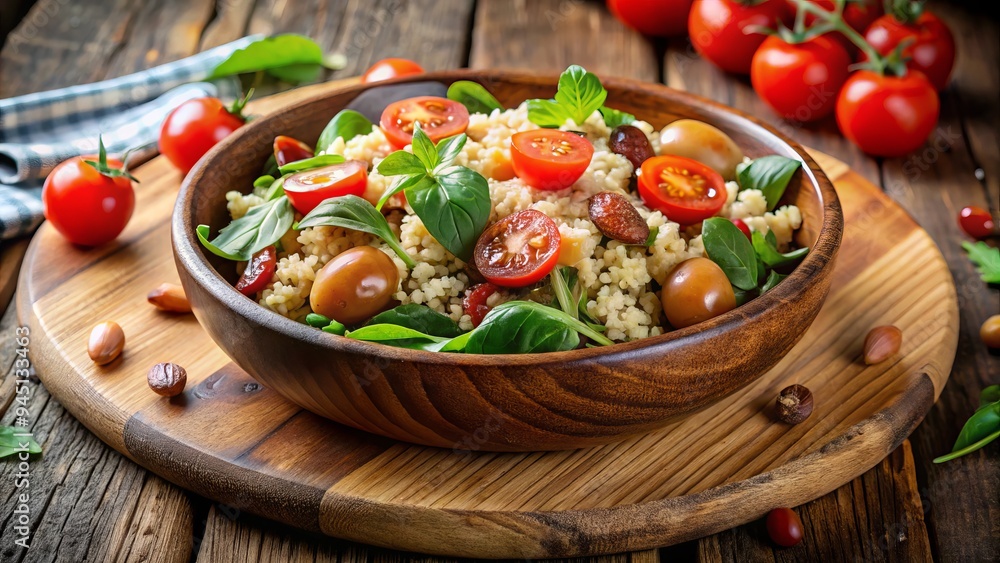 Wholesome quinoa blend entwined with fresh greens, juicy cherry tomatoes, and toasted almonds on a rustic cutting board, inviting a cozy Sunday brunch ambiance. Wholesome quinoa blend entwined with fresh greens, juicy cherry tomatoes, and toasted almonds on a rustic cutting board, inviting a cozy Sunday brunch ambiance.
