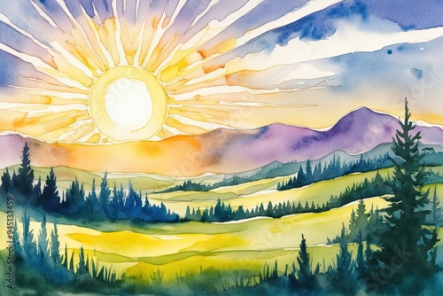 Watercolor Landscape of a Sunlit Terrain with Omnipotent Principles and Faith Life Elements