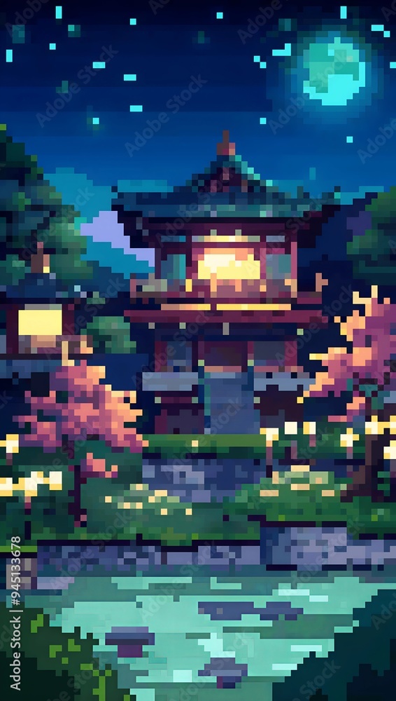 Obraz premium Japanese tea garden at night pixel art background. 8-bit game assets