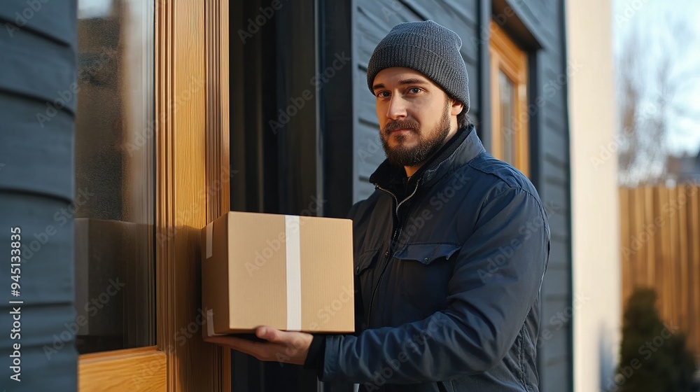 Delivery man in uniform rings a doorbell with a package, ensuring efficient courier service and a seamless shopping experience. copy space for text. Delivery man in uniform rings a doorbell with a package, ensuring efficient courier service and a seamless shopping experience. copy space for text.