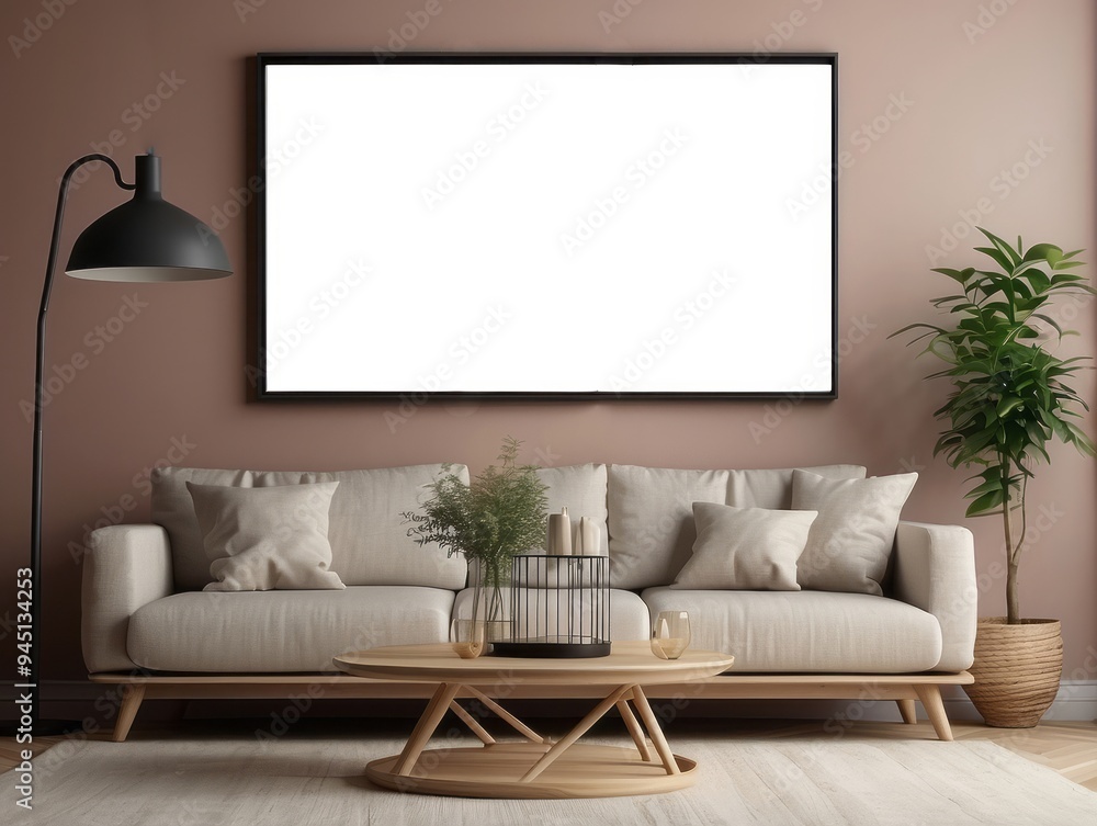 Modern Living Room with White Blank Canvas and Beige Couch Modern Living Room with White Blank Canvas and Beige Couch