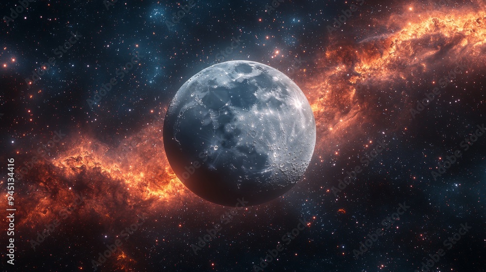 Cosmic lunar event, the moon surrounded by vibrant nebulae and distant stars, deep and mystical scene Cosmic lunar event, the moon surrounded by vibrant nebulae and distant stars, deep and mystical scene