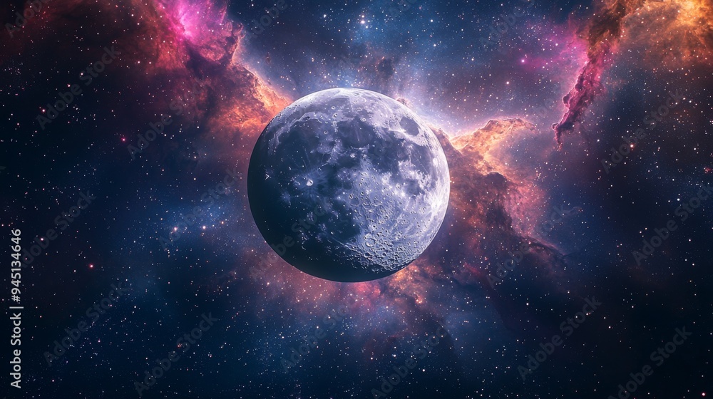 Cosmic lunar event, the moon surrounded by vibrant nebulae and distant stars, deep and mystical scene Cosmic lunar event, the moon surrounded by vibrant nebulae and distant stars, deep and mystical scene