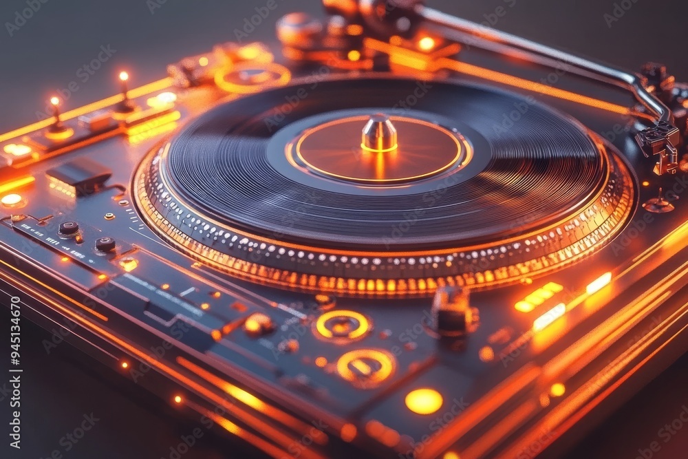 Futuristic digital interface resembling a turntable with glowing elements symbolizing connection between technology neural activity and rhythmic patterns of cognitive processes in high tech world Futuristic digital interface resembling a turntable with glowing elements symbolizing connection between technology neural activity and rhythmic patterns of cognitive processes in high tech world