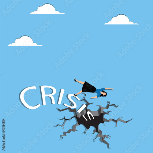 Woman falls from the word crisis