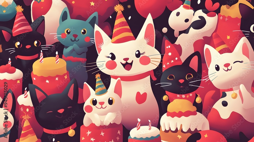 A Group of Cats Celebrates a Birthday with Cakes and Party Hats A Group of Cats Celebrates a Birthday with Cakes and Party Hats
