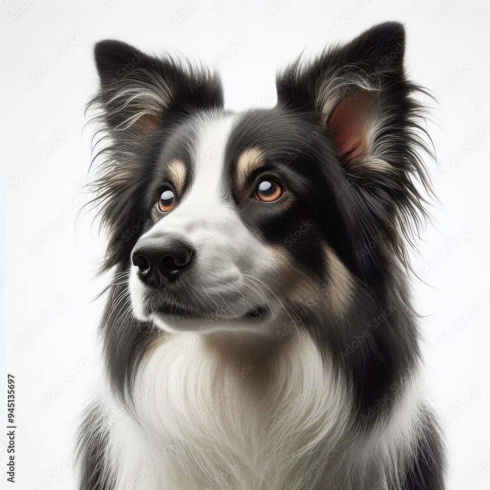 Close-up of a border collie dog with black and brown fur looking attentively at the camera on a white background. Generated by AI. Close-up of a border collie dog with black and brown fur looking attentively at the camera on a white background. Generated by AI.