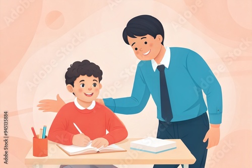 Teacher Encouraging Student During Classroom Lesson in Flat Illustration Style