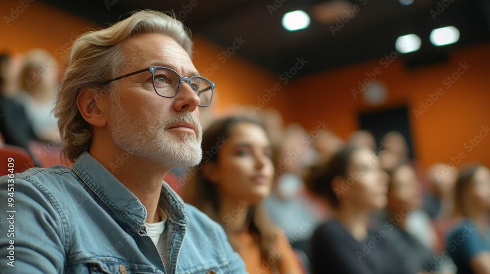 Fototapeta premium A man in a blue jacket is sitting in a theater with a crowd of people