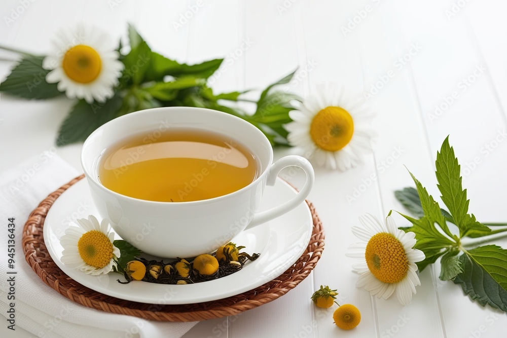 Warm Cup of Chamomile Tea Against a Bright Clean Backdrop Warm Cup of Chamomile Tea Against a Bright Clean Backdrop