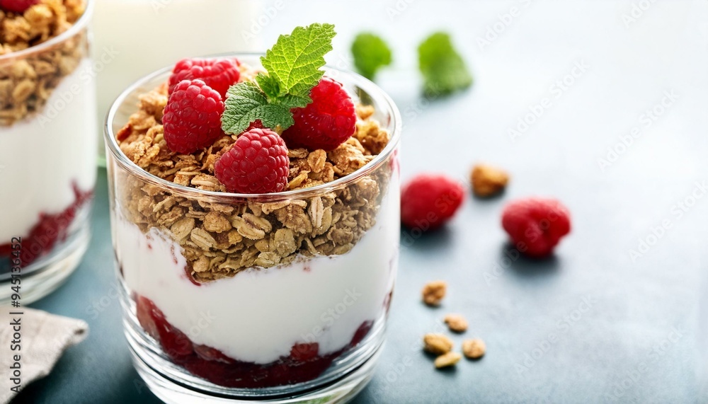 Delicious Yogurt Parfait Layered with Granola and Fresh Raspberries Delicious Yogurt Parfait Layered with Granola and Fresh Raspberries